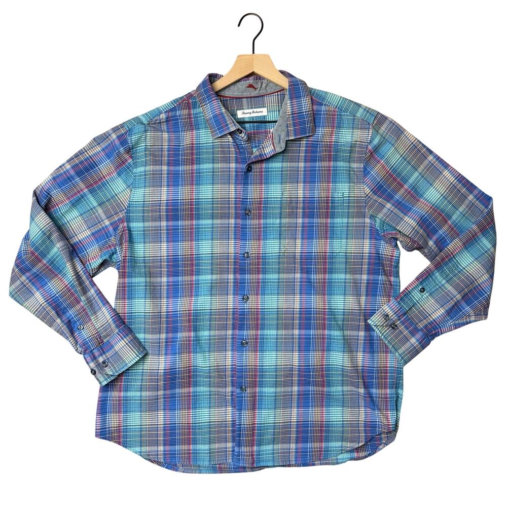 Tommy Bahama Men’s XL Blue Madras Plaid Silk Cotton Long Sleeve Button Shirt